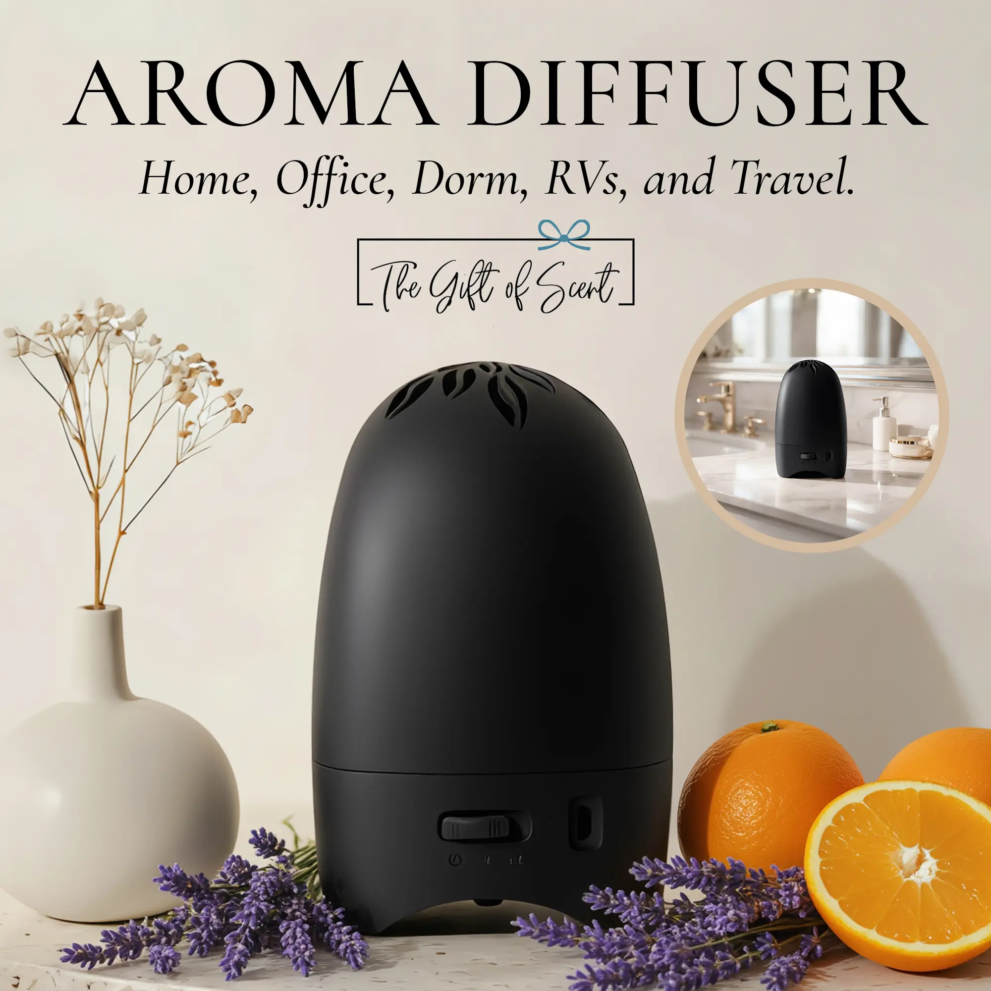 Portable Fragrance Fan Diffuser - Battery or USB Operated, Compatible with Essential Oil, Scented Discs, Clean Citrus Aroma, Fragrance Oil Aroma, Freshener, Woody Floral Scent