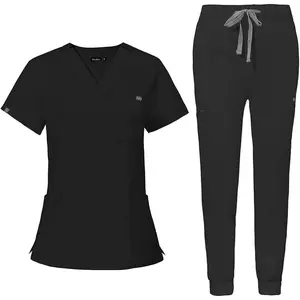 2025 Womens Scrub Suit Set Classic V Neck Adjustable Waist Black For Medical Yoga Jogging Minimalist Womenswear Basic Workwear scrubs sets for women
