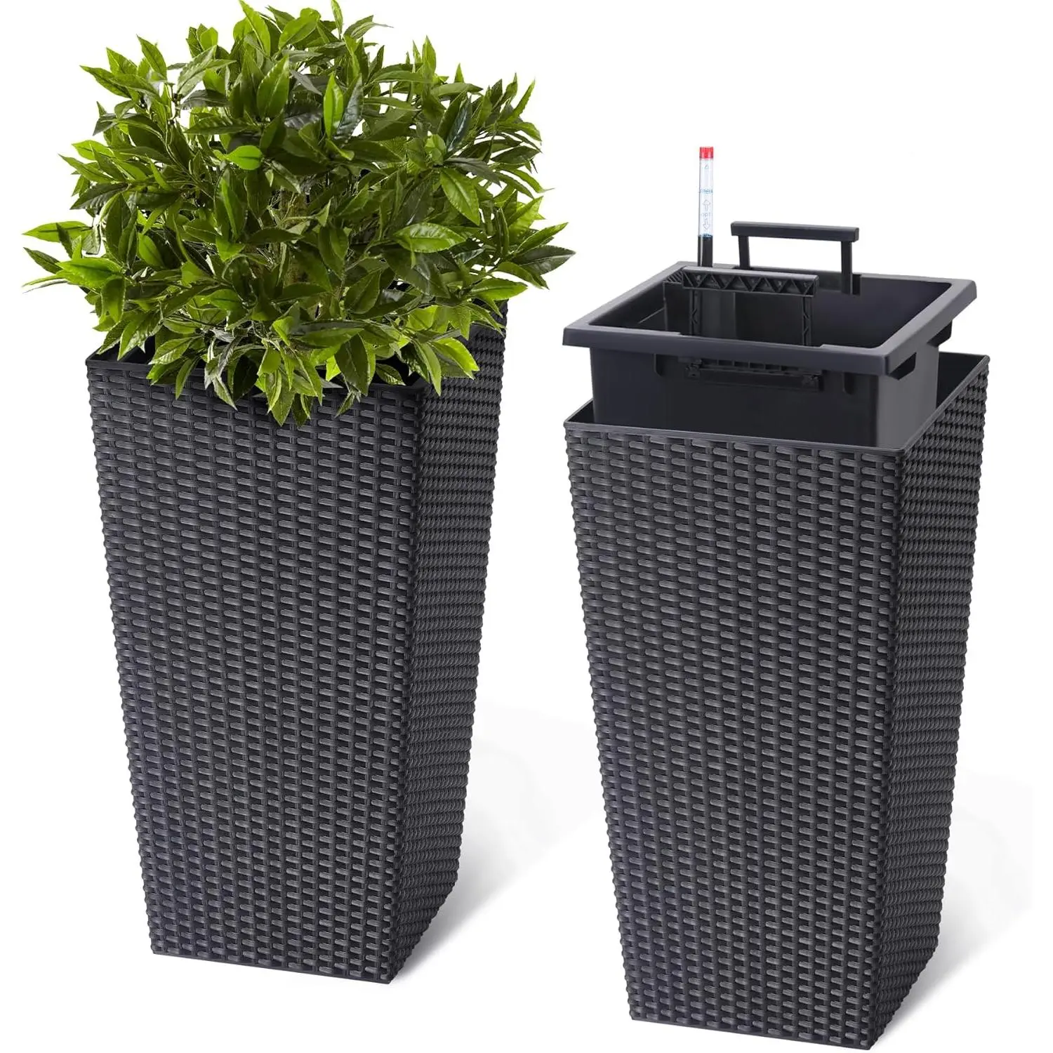 Set of 2 Black Tall Planters Self Watering Planter with Water Level Monitor Trays Wheels Large Plastic Standing Planter Pots for Indoor Outdoor Plants All-Weather Planters, Flower Pots, Garden Planter, Water Monitor