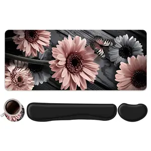 4pcs Pink Flower with Butterfly Design Mouse Pad + Keyboard Wrist Rest + Ergonomic Mouse Pad + Coaster Set For Desktop Decoration, Office Accessories Set Ergonomic Wrist Support, Computer Mat Mouse Pad Coaster Suitable For Home Office Gaming