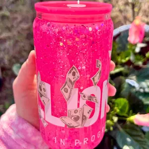 Pink Millionaire Glow-in-the-Dark Snow Globe Tumbler with Floating Sparkle & Money Graphics for Iced Coffee & Matcha