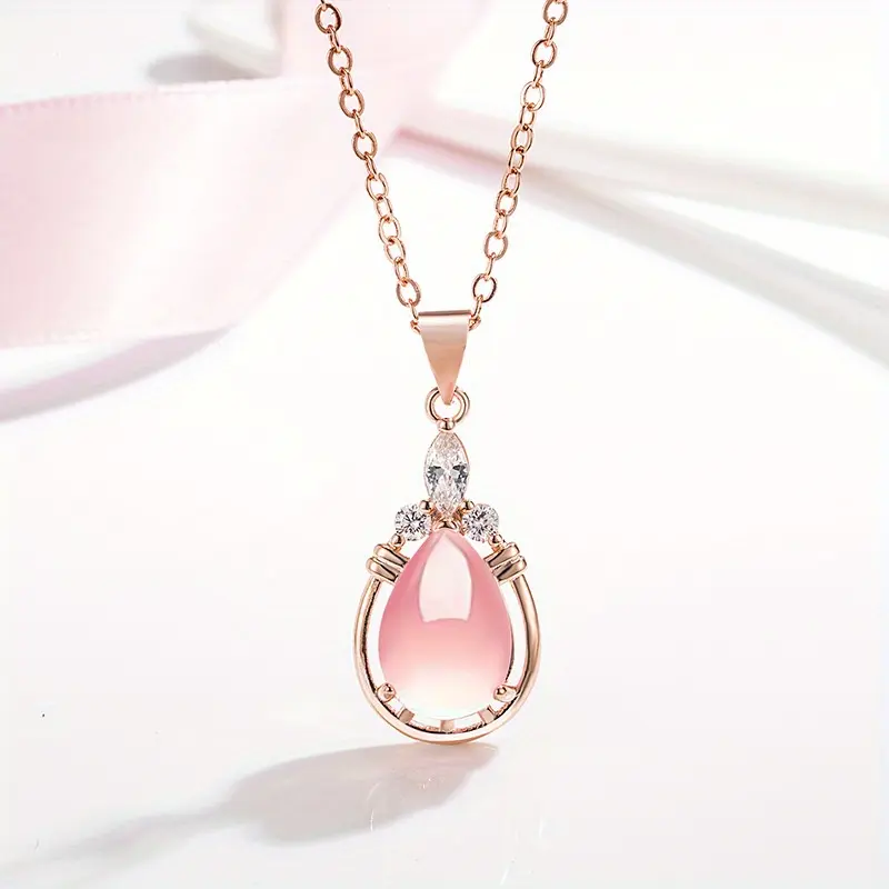 [Pink Rose Quartz Pendant] Rose Quartz Pendant Necklace - Simple Drop-Shaped Pink Pendant with O-Shaped Chain Clavicle Chain