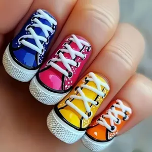 24PCS Sneaker Press On Nails – Colorful Cartoon Shoe Design Long Square Acrylic Full Cover Fake Nails Set