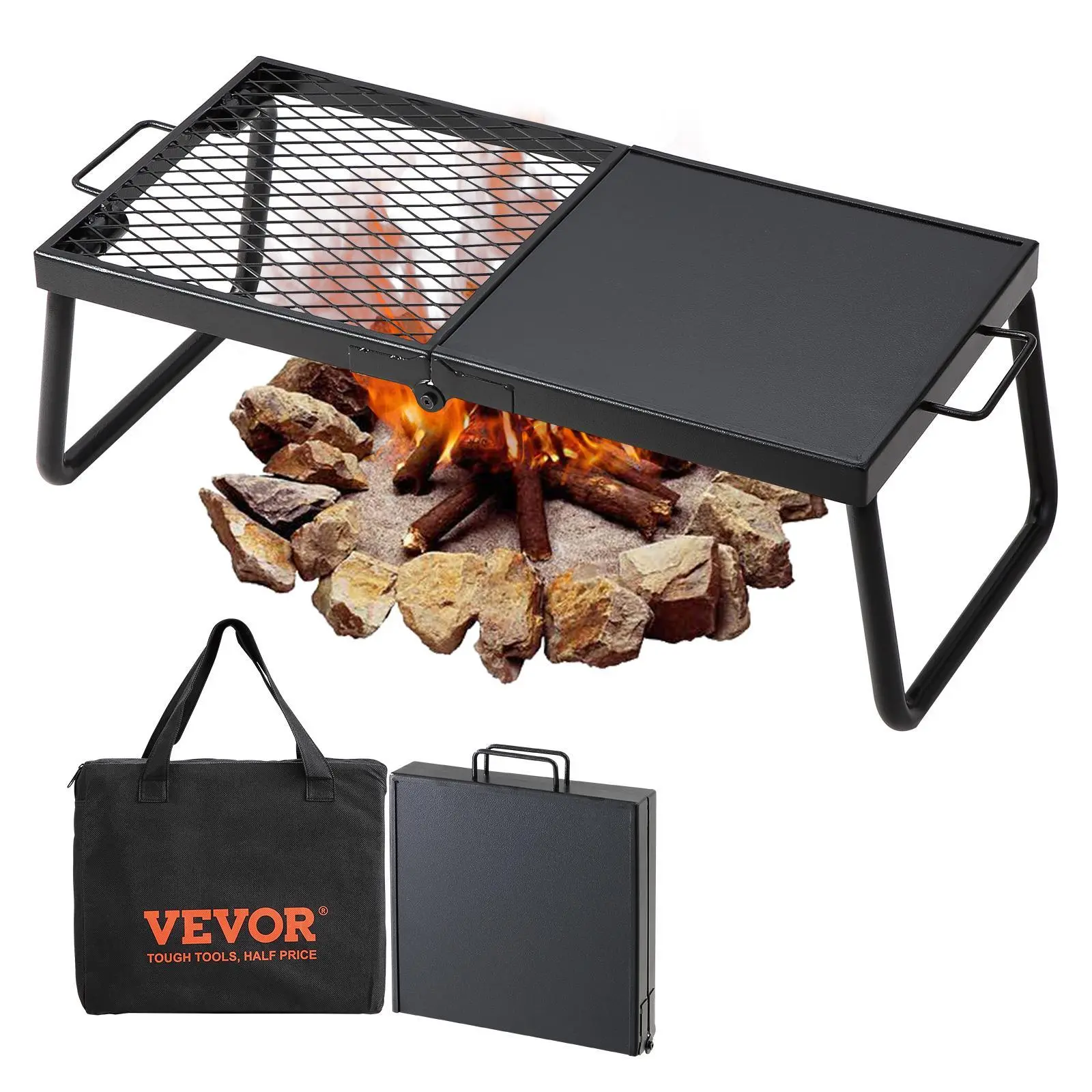 【Backtoschool】VEVOR Compact Heavy-Duty Folding Campfire Grill, 22.4" Steel Mesh Grate Camping Supplies, Portable Outdoor Grill Stoves with Legs & Carrying Bag, Functional Open Flame Cooking Equipment, Outdoor Cooking