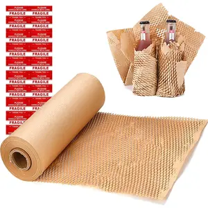 Honeycomb Packing Paper Wrap 15"x131' Sustainable Alternative to Bubble Wrap for Moving/shipping/packing Roll with 20 Fragile Sticker  & Fully Recylable...