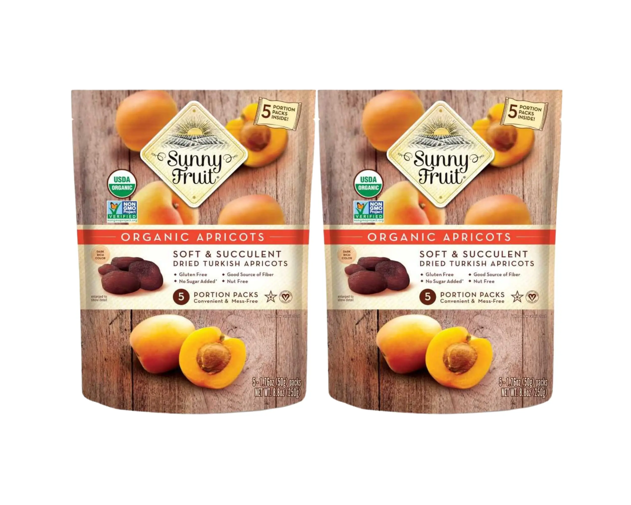 Certified Organic Turkish Dried Apricots - Sunny Fruit Natural Dry Snacks, No Added Sugar, Ambient, 2-Bag Set with 5 Portion Packs Total