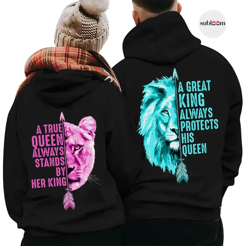 Men's & Women's Matching Couple Hoodies - Her King His Queen Lion Symbolism Graphic, Long Sleeve Pullover, Animal Theme Men's Hoodies, Fabric Fit Clothes, Valentine's Day Holiday Gift, Halloween, Polka Dot, Valentines Day