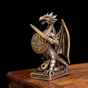 Vintage Brass Dragon Knight Statue Figurines with Sword and Shield, Retro Desktop Decor, Collectible Figurine Mythical Creature Ornament Gift