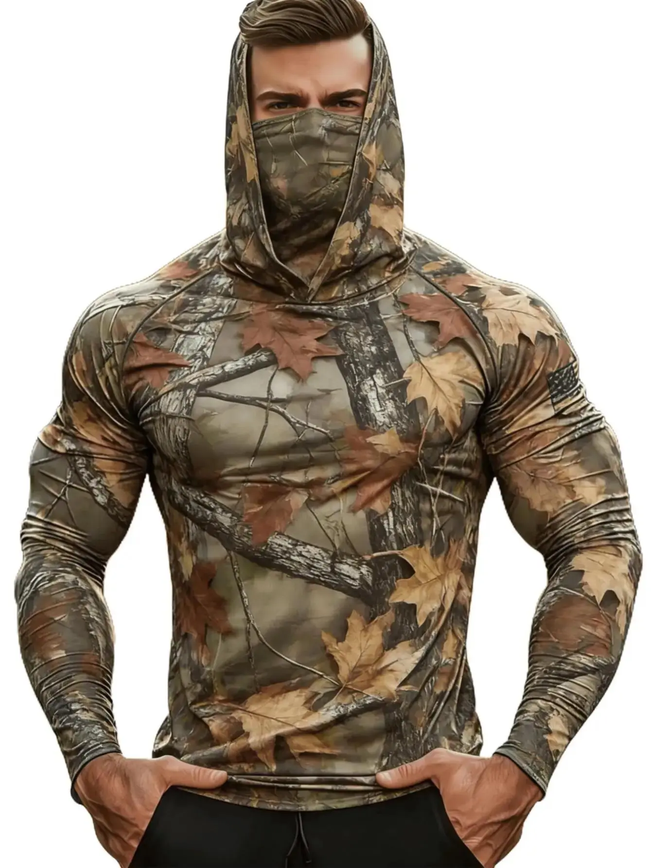 Men's New Outdoor Hunting Camouflage Hoodie - Integrated Hat & Mask, High Elastic, Breathable Sports Hoodie, Athletic Fit, Fishing Hoody for Outdoor Activities