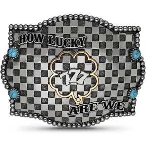 How Lucky are We Belt Buckle German Silver Hand Engraved Turquoise Checkerboard Western Buckle 4.5" x 3.5"