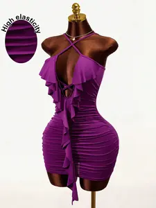 Wavy Dress Basic Sexy Halter Neck Dress, Deep Pleated Bodycon Short Skirt, Cross Back Ruffle Decoration Tight Dress, Party Dress