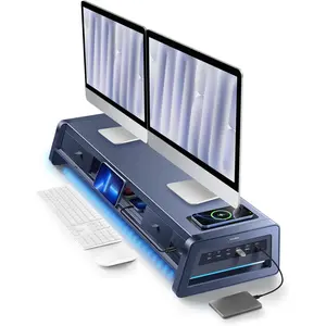 All-in-One Dual Monitor Stand Riser with 2 Drawers, 8USB Ports and Wireless Charging Pad with LED Light Strip for 2 Monitors , Desk Organizer for PC, iMac (Metal, 39.3 inches)