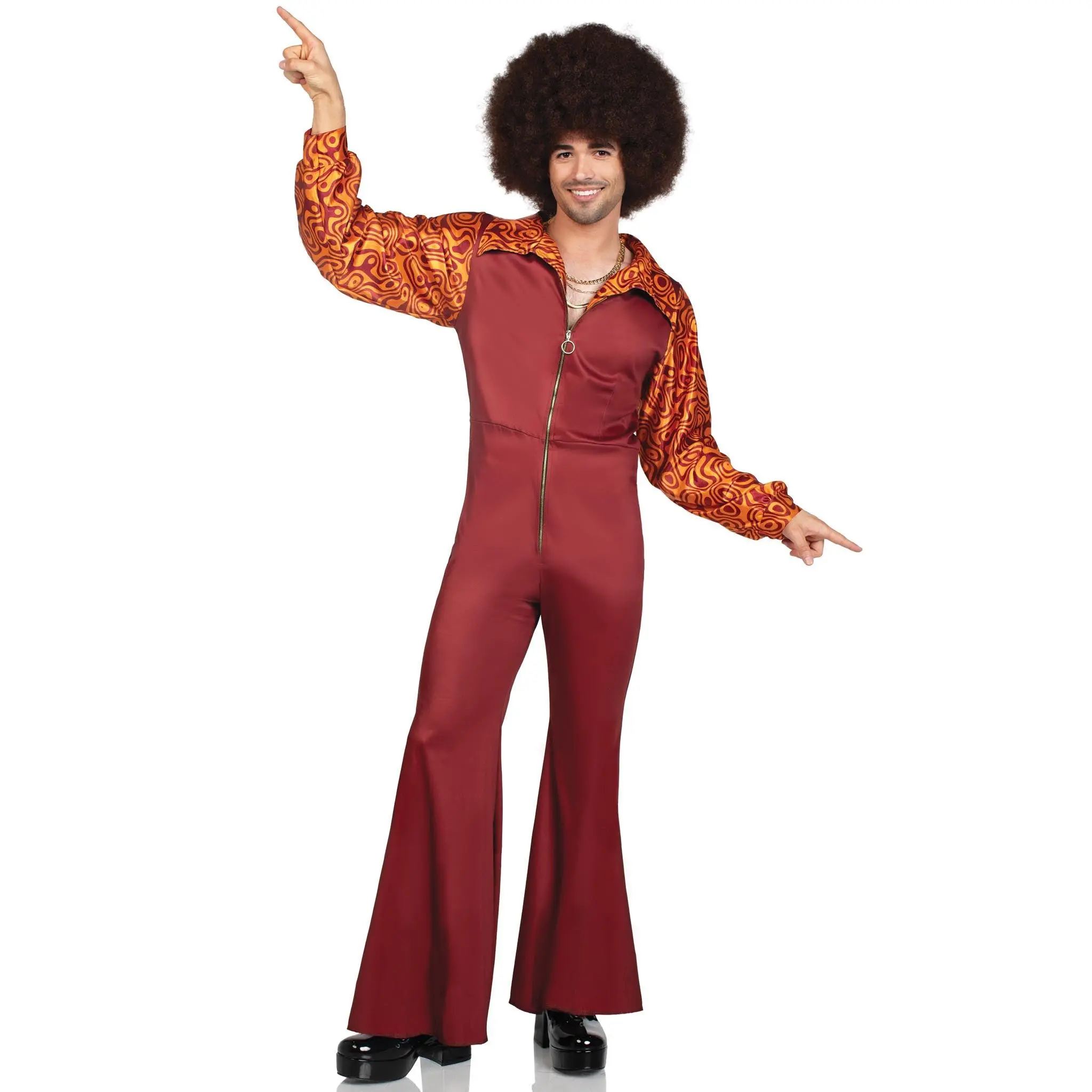 Men's Retro 70s Disco Jumpsuit - Halloween Costume with Groovy Print, Bell Bottoms, Long Sleeve, Easy-On Fit, Full-Length, Fashion, Zipper Front, Couple Match Set, Disco Look, Hand Wash Cold, Drip Dry (Do Not Iron)