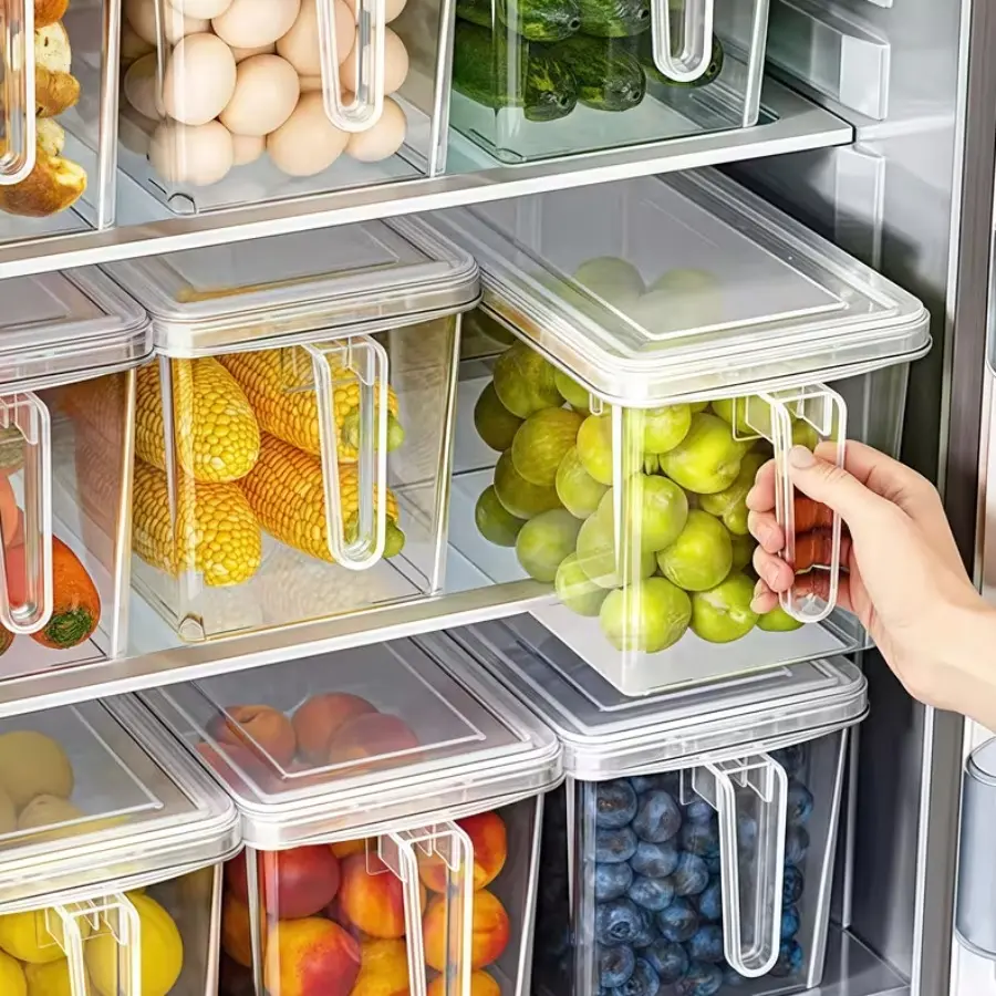 3 pieces of refrigerator storage boxes with handles, Suitable for organizing vegetables, fruits, grains, meats, green vegetables in the refrigerator and kitchen