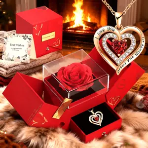Valentine's Day Mother's Day Necklace Gift Box Set, Rose Flower Box with Heart Elegance Necklace, Anniversary Necklace, Perfect for Wife Lover Friend Mom Birthday