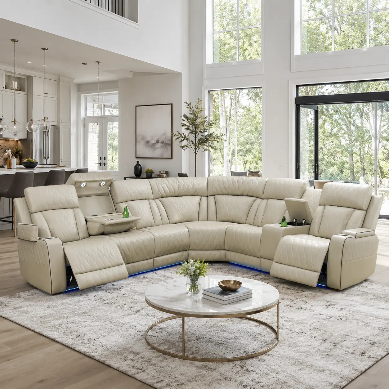 Power Breathing Leather Reclining Sofa Set with LED Light & USB Port Sectional Couch for Living Room Home Office