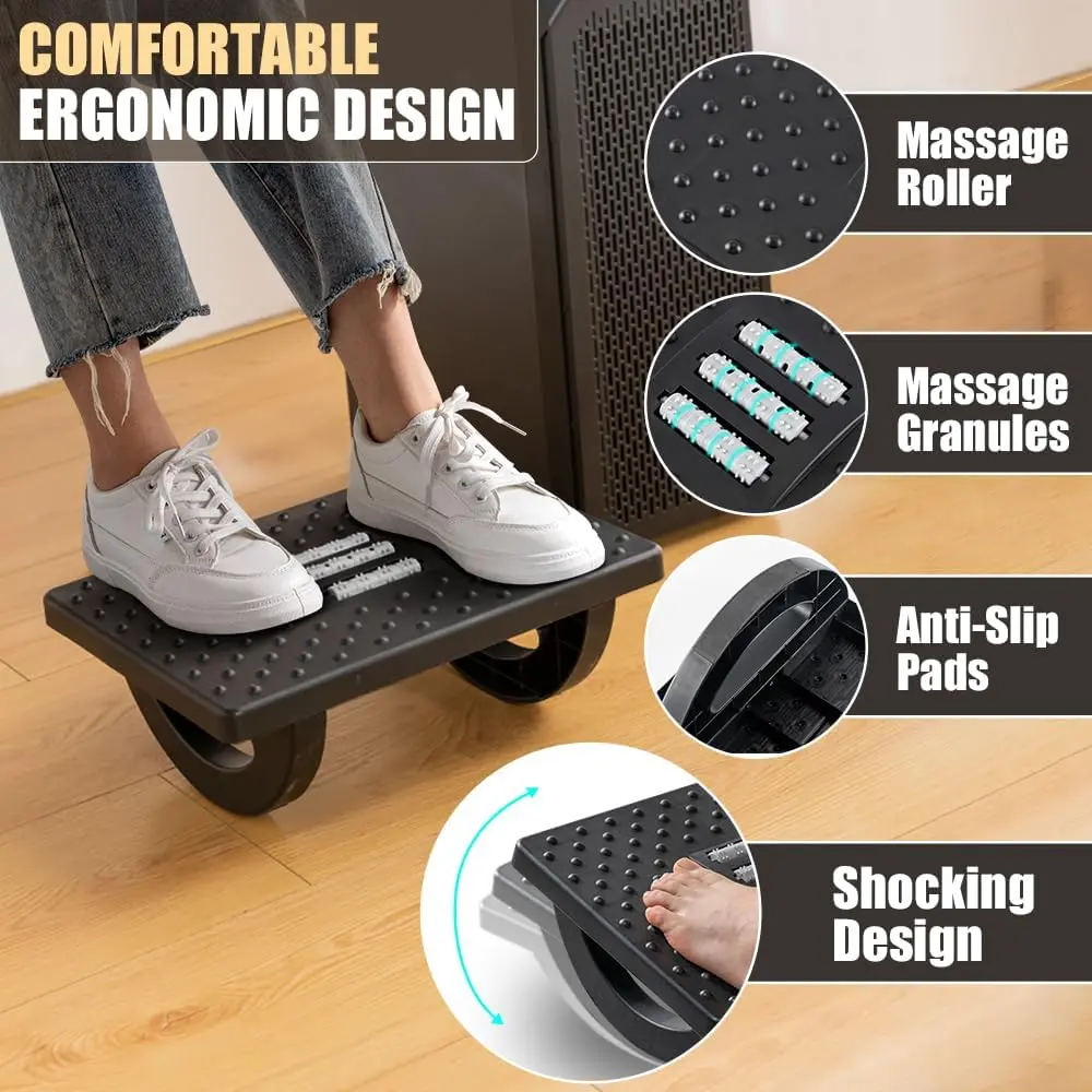 Ergonomic Office Foot Rest with Rocking Function and Roller Massager - Leg Support for Under Desk Work, Computer Gaming - Promotes Leg Circulation, Rocking Footrest