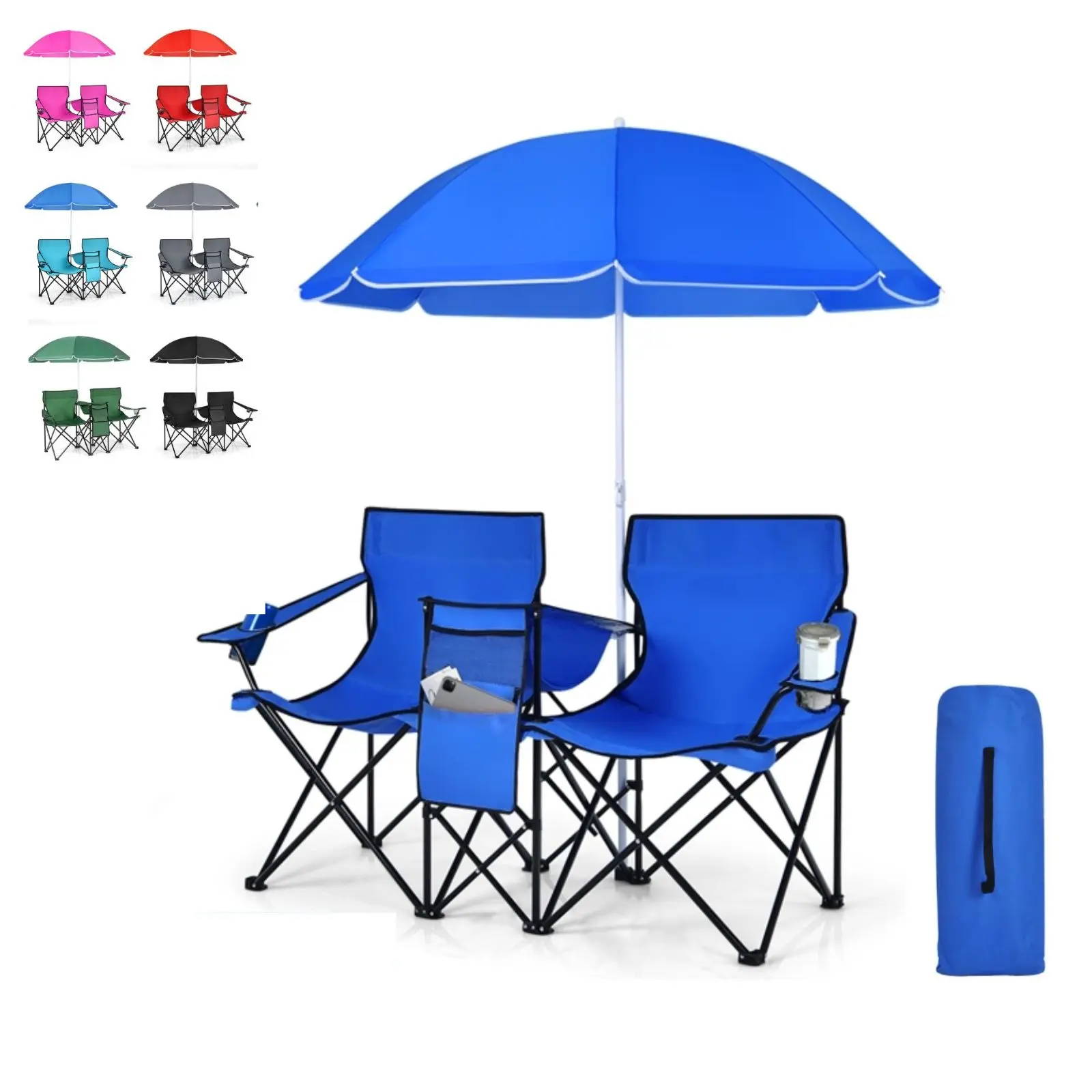 COSTWAY Double Portable Picnic Chairs, Folding Camping Chairs w/Detachable Umbrella, Cooler Bag, Cup Holders, Patio Beach Camping Chairs for Outdoors football baseball season