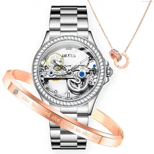 OLEVS Watch OLEVS Womens Watch Automatic Mechanical Diamond Skeleton Silver Luxury Dress Waterproof Luminous Watches for Women Gift Box Set