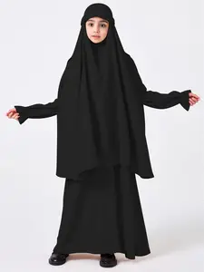Two-piece Set Girl's Solid Color Muslim Set, Modest Long Sleeve Round Neck Kaftan Dress & Hijab Set, Kids Muslim Clothes for All Seasons