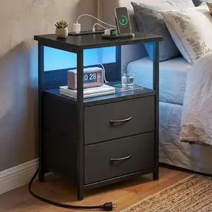 Night Stand with Charging Station, LED Nightstand with U-S-B Ports and Outlets, 2 Fabric Storage Drawers with PU Finish, Small Bedside Table, Black