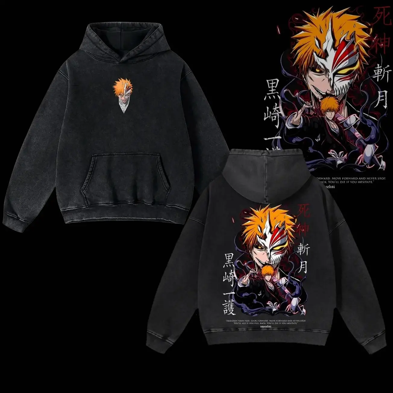 Ichigo Kurosaki Bankai Hoodie, Bleach Hoodie, Anime Double Printed Oversize Lightweight Acid Washed Hoodie, Gift For anime lover, anime merch graphic Hoodies Cotton Fabric VWQ
