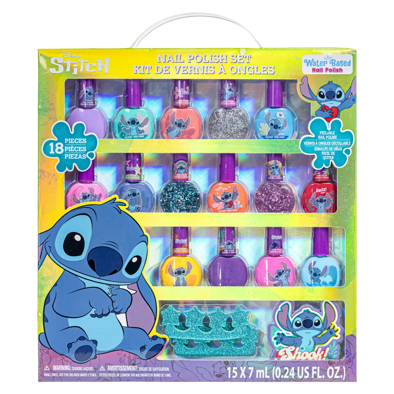 Stitch 15 PK Non-Toxic, Water-Based, Peel-Off Nail Polish Set, Beauty Set With Nail Accessories for Girls Kids Ages 3+by Townley Girl, Nail Art, Daily