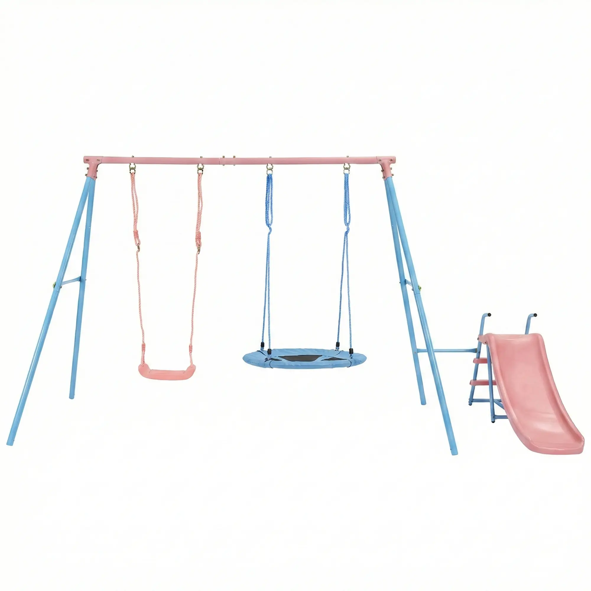 MERSCO SPORTS 3-in-1 Heavy-Duty Multi-Swing Outdoor Backyard Playset - Sturdy Metal Frame Set with Baby Swing, Slide, Flying Saucer, for Ages 3-8, Pink Playground Toy, Outdoor Stuff for Kids, Gardens