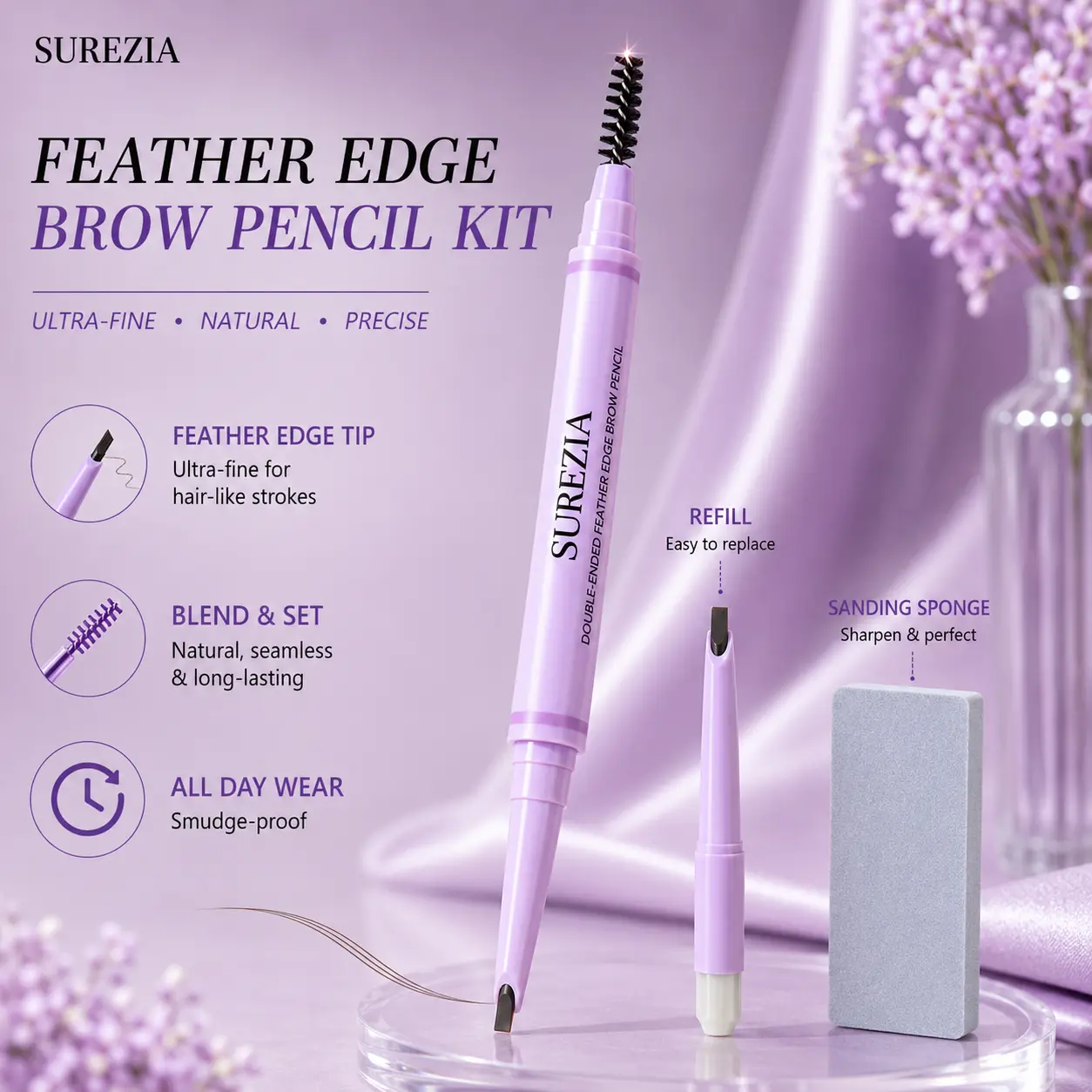 SUREZIA Feather Edge Brow Pencil 3-in-1 Kit, Dual-Tip Eyebrow Pencil with Refill & Sanding Sponge