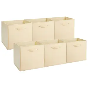6-Pack 13 Inch Fabric Storage Bins with Faux Leather Handles, Foldable Cube Organizer Baskets for Shelves and Closet, Collapsible Storage Boxes for Clothes Toys, Beige