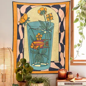 1 vintage-style tapestry wall hanging featuring a hallucinatory goldfish vase, designed as a minimalist Bohemian mural