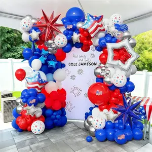 144-Piece Independence Day Patriotic Balloon Arch Set, Blue Latex Balloons, Silver Color Balloons, Flag Stars, Party Decorations, Balloon Decorations Kit