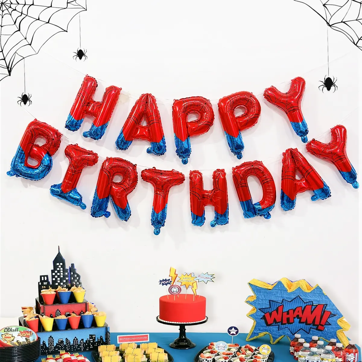 Spider Theme Birthday Banner Aluminum Foil Balloons Set, Blue Spider Web Design,For Happy Birthday Party Decorations Indoor Outdoor Birthdays, Balloon Party Supplies