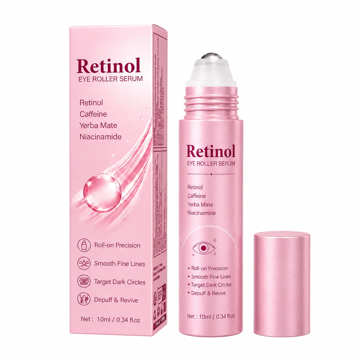 Retinol & Caffeine Under Eye Roller Serum with Niacinamide & Yerba Mate, 10ml Eye Brightening Firming Serum to Reduce Dark Circles, Puffiness & Fine Lines