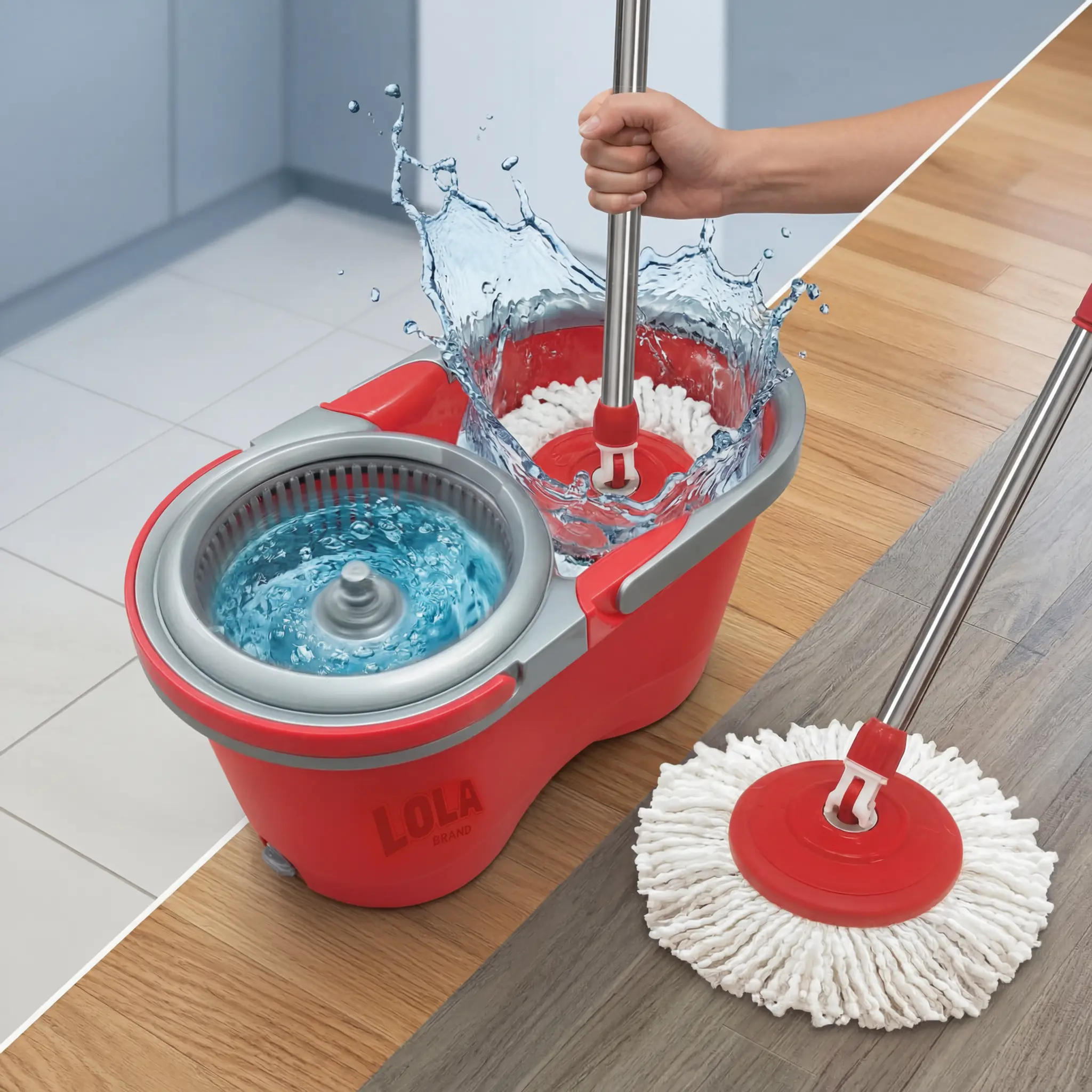 Lola Adjustable Revolution Spin Mop & Bucket-Based Mop Set - Push-to-Spin, No Pedal, Bacteria-Removing, Easy Cleaning, Microfiber Head, Wet/Dry Use, Telescopic Aluminum Handle, Microfiber Mop Head