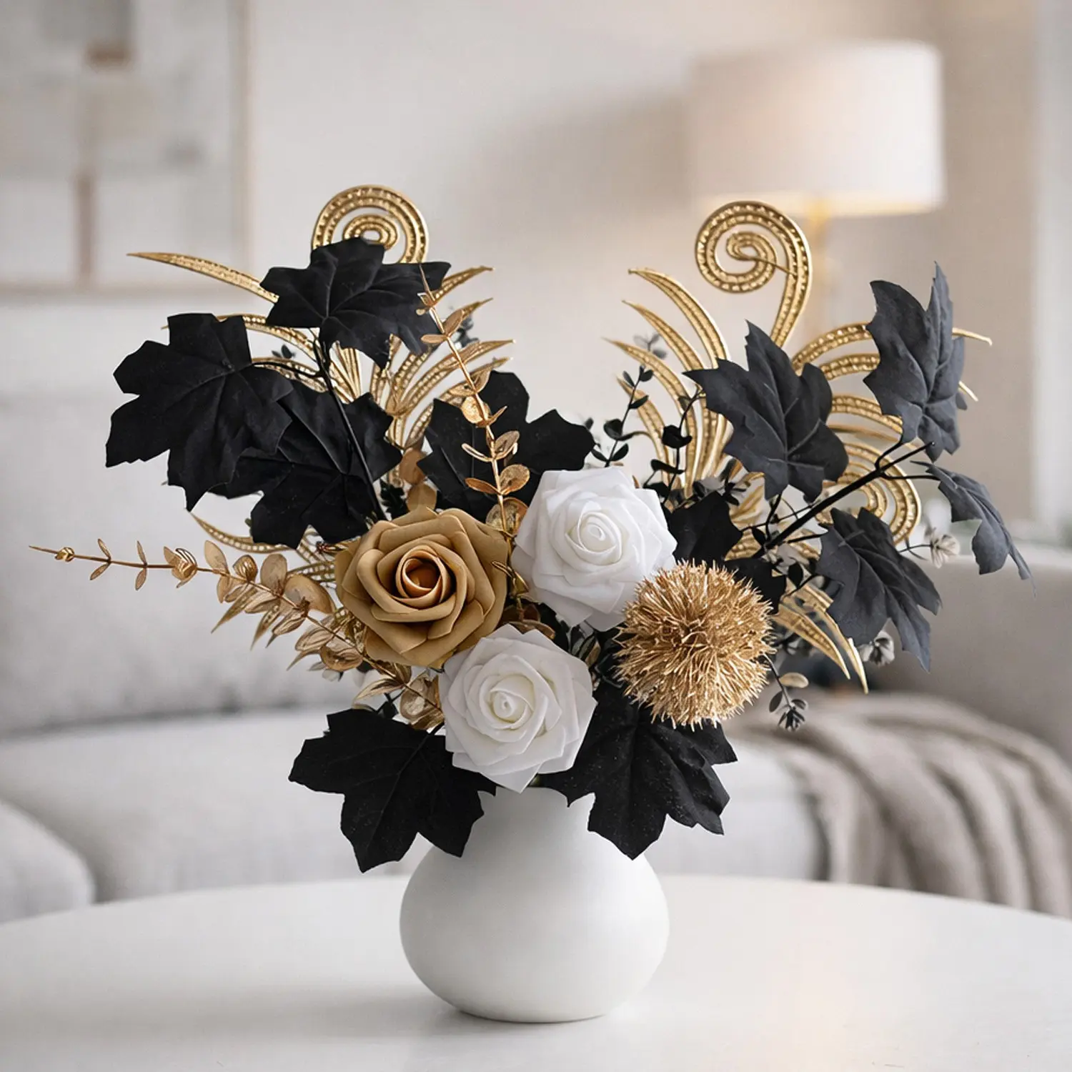 Beautiful Realistic Artificial Flower Bouquet, Decorative Flower, Floral Decoration, Maple Leaf, Gold Rose, Rose, Eucalyptus, Elegant Artificial Plants, Ideal for Weddings, Parties, Gifts, Decorative Artificial Flowers