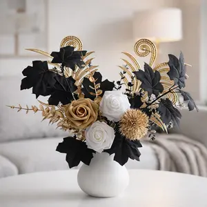 Beautiful Realistic Artificial Flower Bouquet, Maple Leaf, Gold Rose, Rose, Eucalyptus, Ideal for Weddings, Parties, Gifts