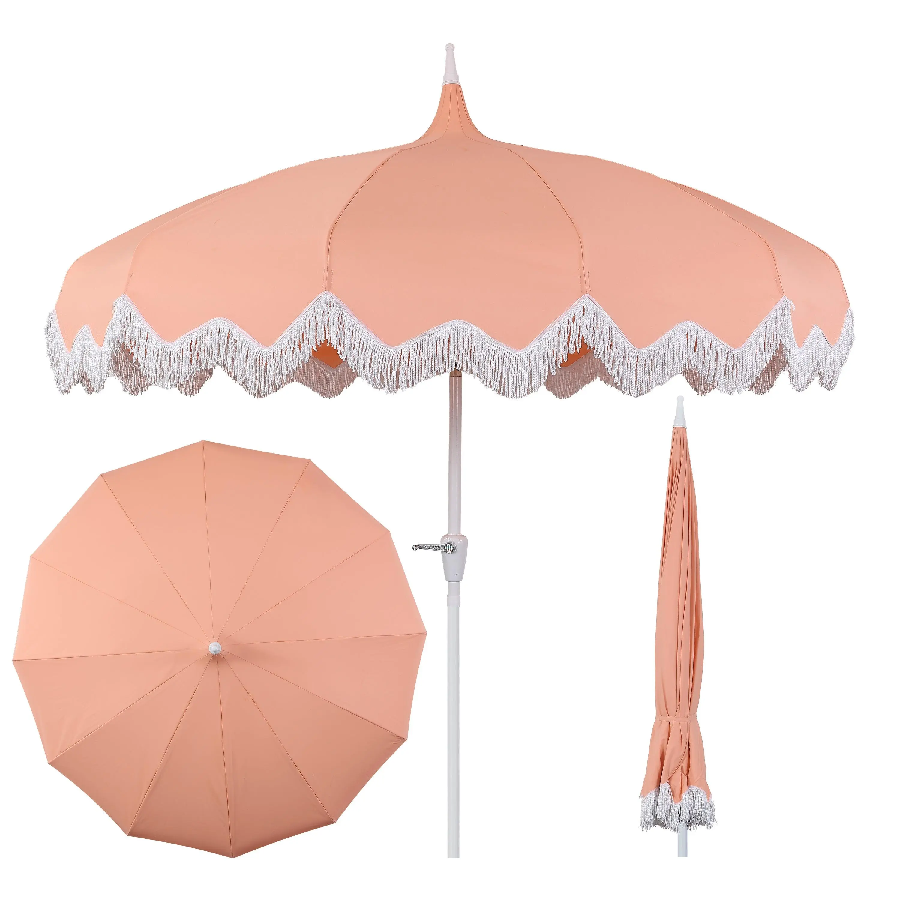 Delphine 8 ft. Fringered Classic Bohemian Pagoda Market Patio UV Umbrella with Auto-Tilt Crank, Wind Vent, and UV Protection
