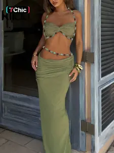Women's Two-Piece Set, Sexy Plain Sleeveless Crop Top and High-Waist Skirt, Slim-Fitting Bodycon Dress, Fashionable, Womenswear