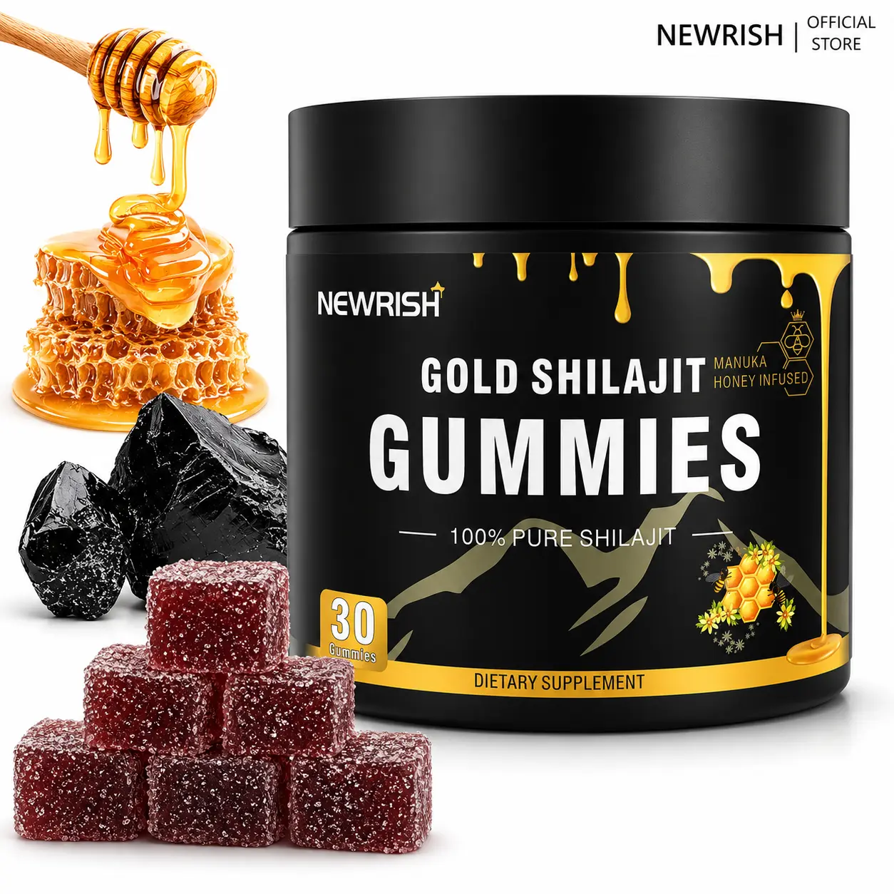 Newrish Strength Gummies - Contains Turkstan charantia and Tongkat Ali extracts - Immunoglobulins - Enhances strength and muscle growth - 60 gummies