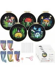 【Christmas Gift】5 Sets Embroidery Kit For Beginners Art Craft Handy Sewing Set Mushroom Cross Decoration Painting Stitch Starter Kits