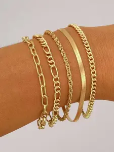 5-Piece Fashion Stackable Bracelet Set, Cuban Link Chain Design, Suitable for Daily Wear, Stylish Jewelry Collection, Cuban Chain Bracelets