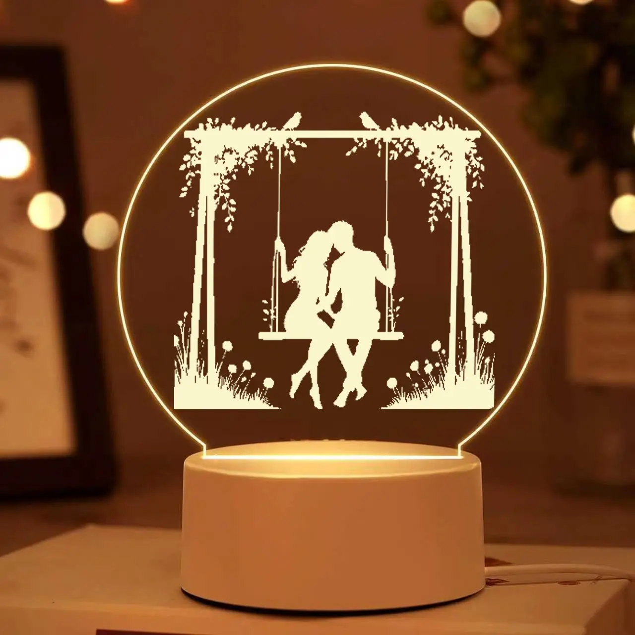 2D Flat Round Acrylic Couple Swing Silhouette Engraved LED Night Light - Romantic Lamp with LED Glow, Festive Decor Gift for Lovers (Christmas, Anniversary)