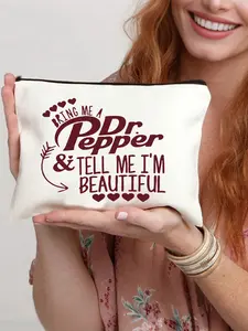 Cute Canvas Makeup Bag with 'BRING ME A Dr Pepper & TELL ME I'M BEAUTIFUL' Print - Soft Pink Heart Design Cosmetic Pouch for Women & Girls, Perfect Gift for Best Friends, Sisters & Loved One, Travel Cosmetic Bags