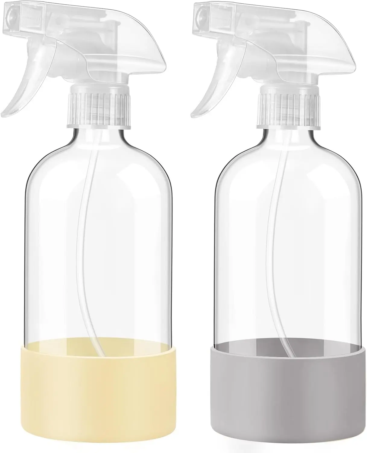 Glass Spray Bottles with  Sleeve, 2 Pack16 oz Empty Refillable Containers with Adjustable Spray Nozzles, Spray Bottles for Hair, Cleaning Solutions and  Pale Yellow&Grey