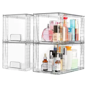 4 Pack Large Stackable Storage Drawers with Handles, Clear Acrylic Drawer Organizers, Easily Assemble for Bathroom,Kitchen Undersink, Cabinet, Closet, Makeup, Home  and Storage