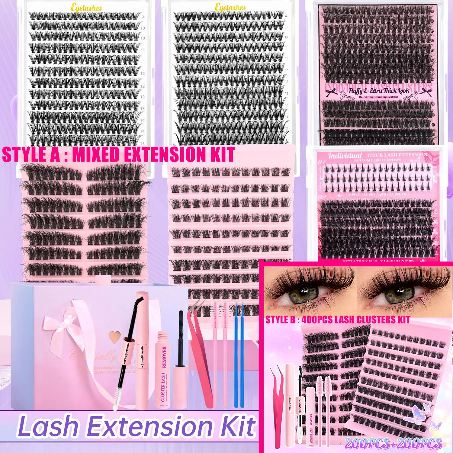 This eyelash extension kit, Individual eyelash kit, comes in multiple styles and lengths, and includes eyelash glue, a sealing eyelash remover, and tweezers, Perfect for home use, Valentine's Day Gift, Easy DIY Eyelashes