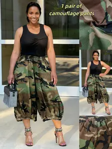 Women's Fashion Casual Camouflage Print Pants, Elastic Waist Lantern Seven-Quarter Pants, Stylish and Comfortable Everyday Wear