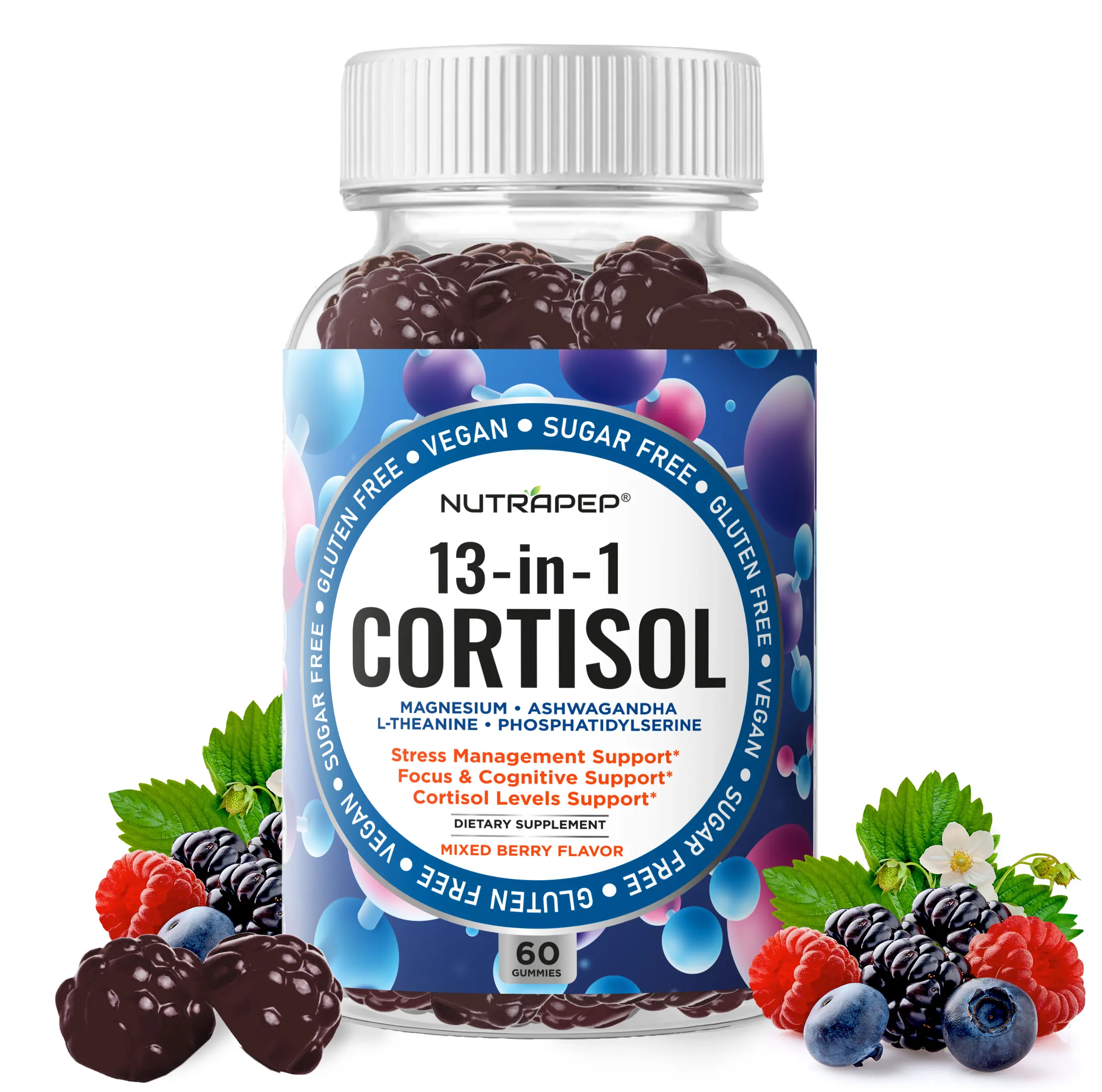 NutraPep Cortisol Gummies – 13-in-1 Adaptogen Blend with Ashwagandha, Magnesium & L-Theanine – Daily Wellness & Balance Support – Vegan Sugar Free