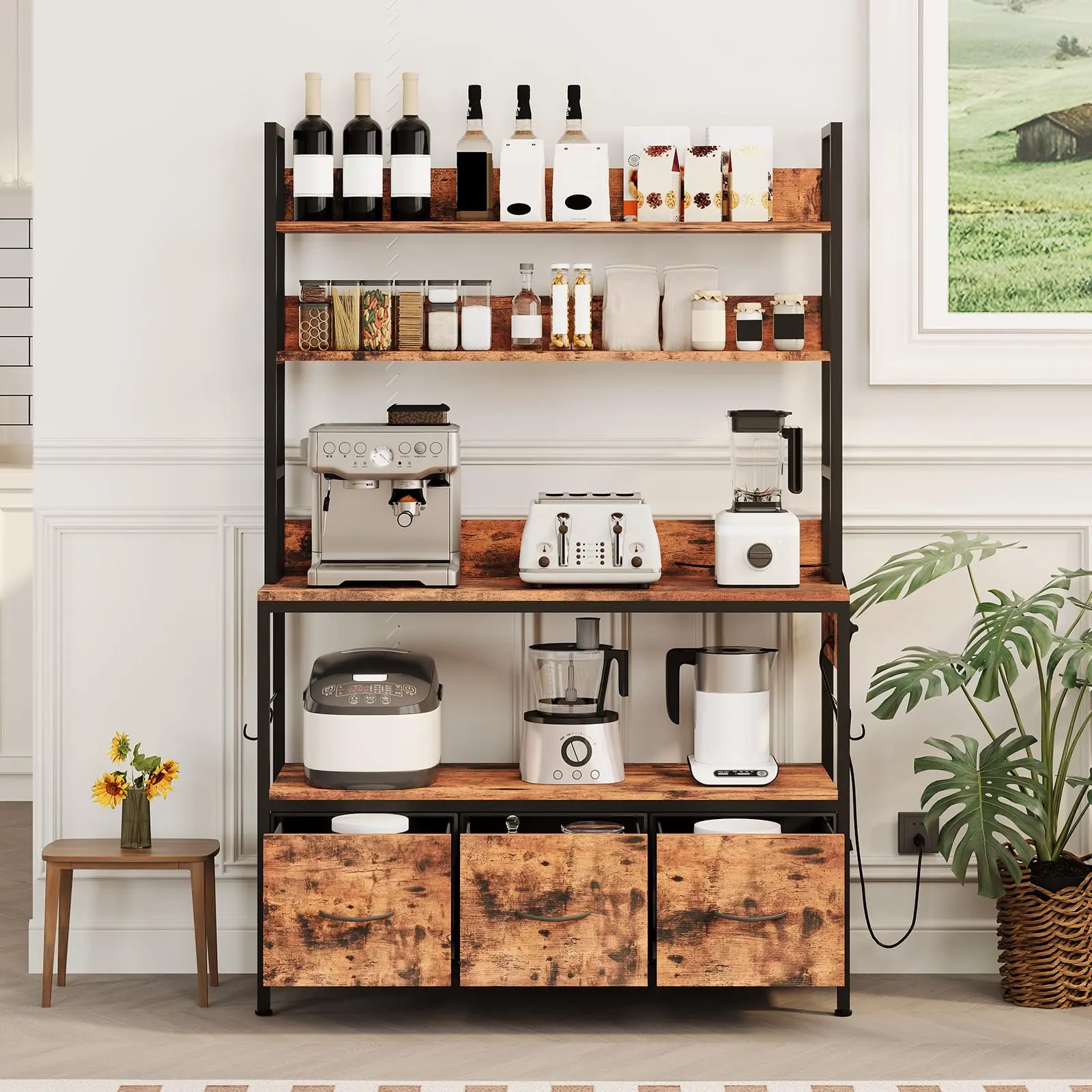 5 Tier Vintage Brown Bakers Rack, Freestanding Kitchen Storage Shelf with Drawers, Charging Station and Hooks, Industrial Farmhouse Microwave Stand & Coffee Bar Station